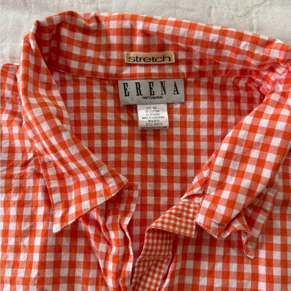 ‘Erena Woman’ Orange and White Checkered Button-down Shirt. Size 3X.